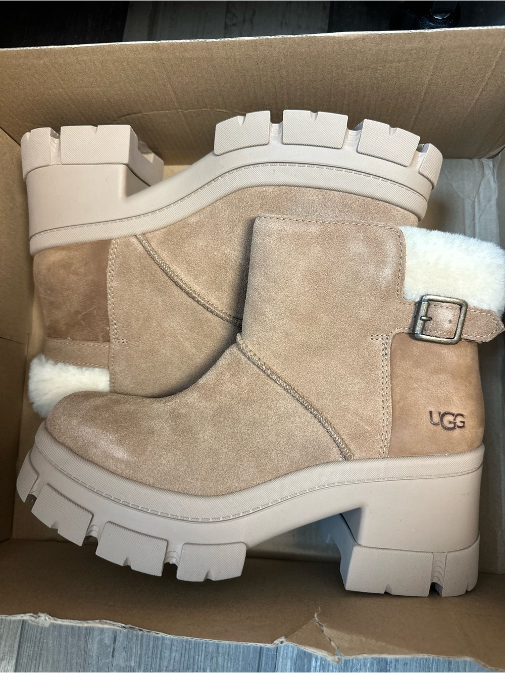 UGG Chestnut Suede Shearling-Cuff Platform Booties - Picture 2 of 3